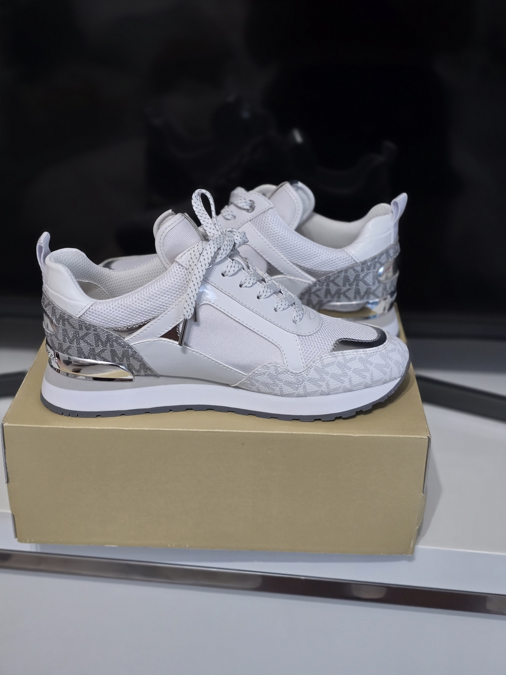 Michael Kors White & Silver Logo-Trim Lace-Up Sneakers - Picture 1 of 2